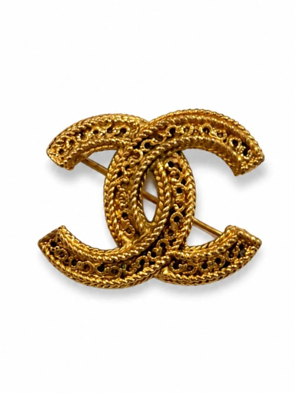 Vintage Chanel CC Gold Tone Filigree Brooch Pin 1.5